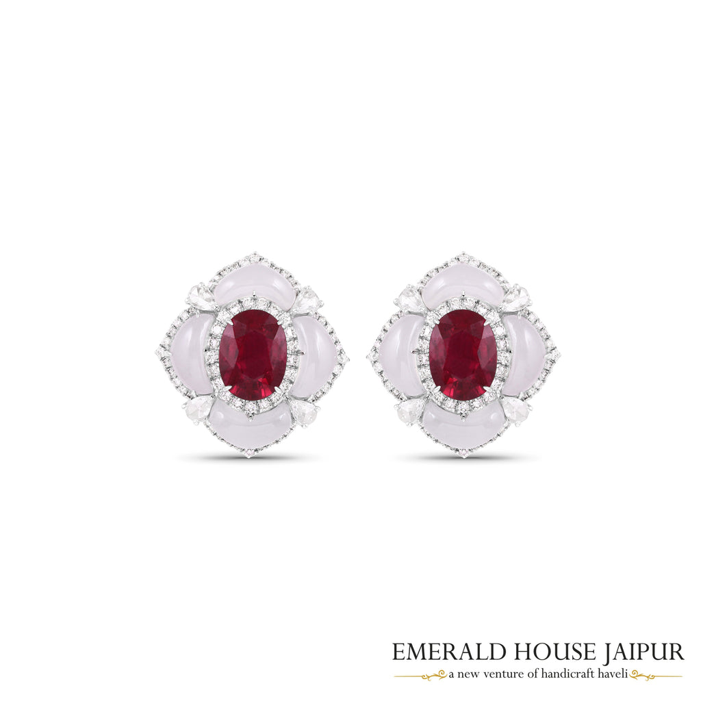 Oval-Cut Rubellite & Cabochon Chalcedony Floral Earrings with Marquise & Round Brilliant-Cut Diamonds in 18K White Gold