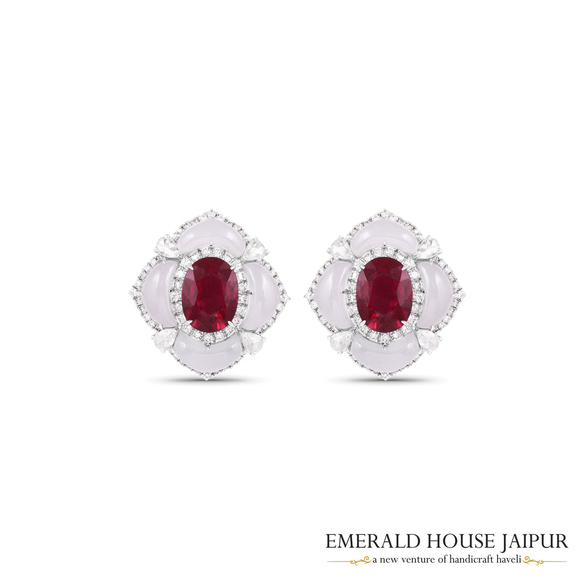 Oval-Cut Rubellite & Cabochon Chalcedony Floral Earrings with Marquise & Round Brilliant-Cut Diamonds in 18K White Gold
