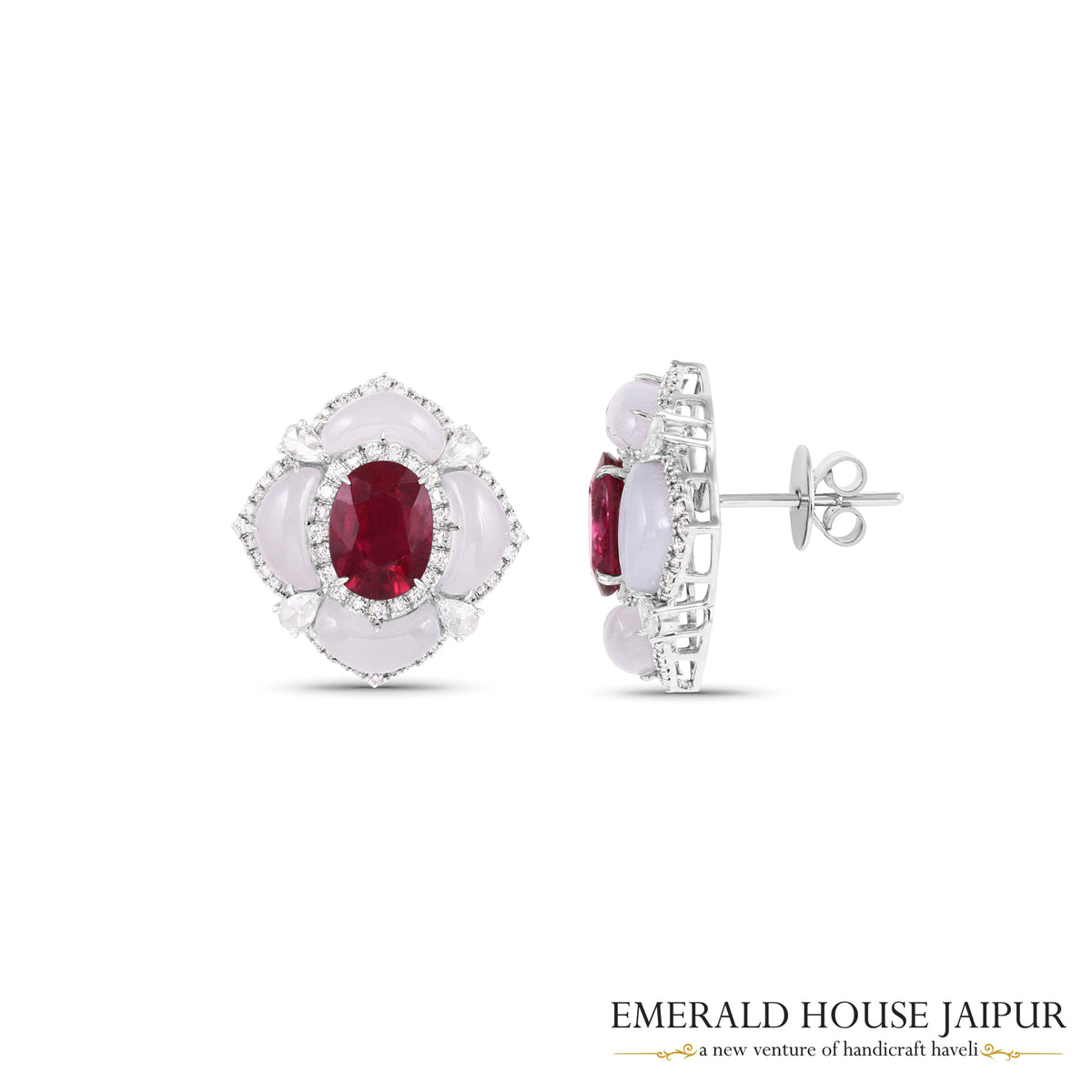 Oval-Cut Rubellite & Cabochon Chalcedony Floral Earrings with Marquise & Round Brilliant-Cut Diamonds in 18K White Gold