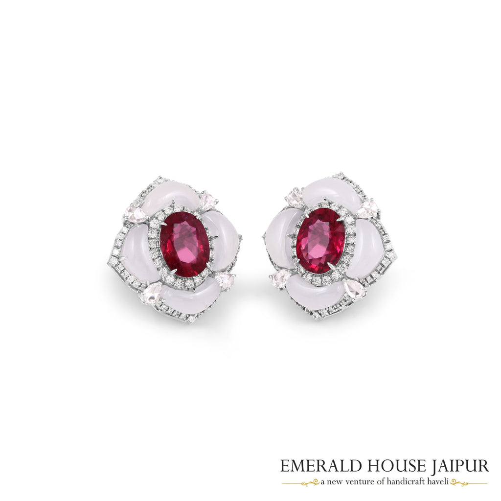 Oval-Cut Rubellite & Cabochon Chalcedony Floral Earrings with Marquise & Round Brilliant-Cut Diamonds in 18K White Gold