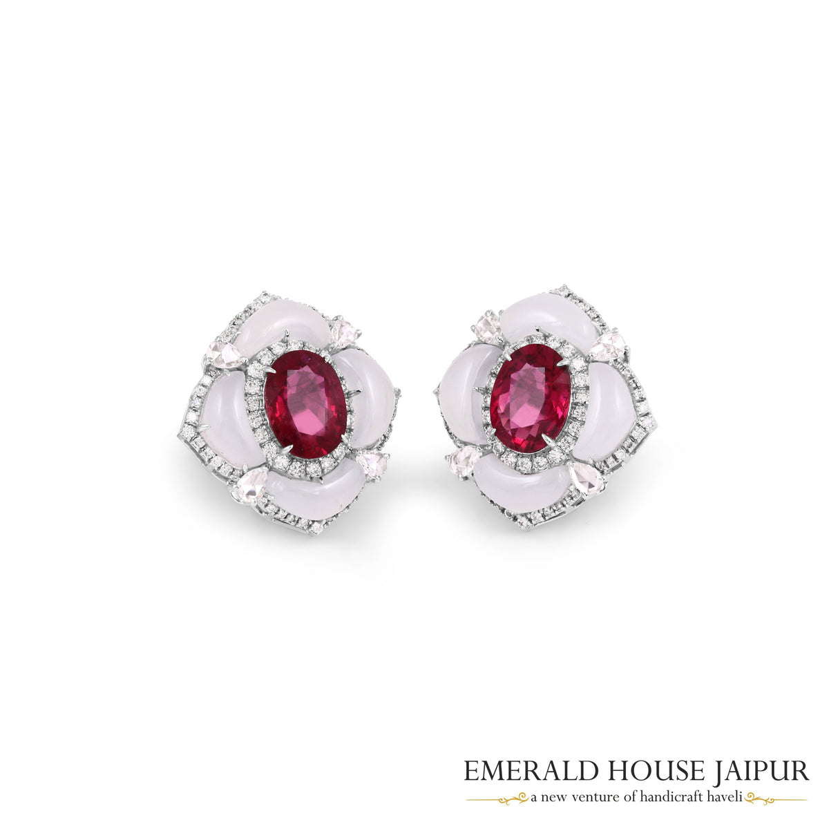 Oval-Cut Rubellite & Cabochon Chalcedony Floral Earrings with Marquise & Round Brilliant-Cut Diamonds in 18K White Gold