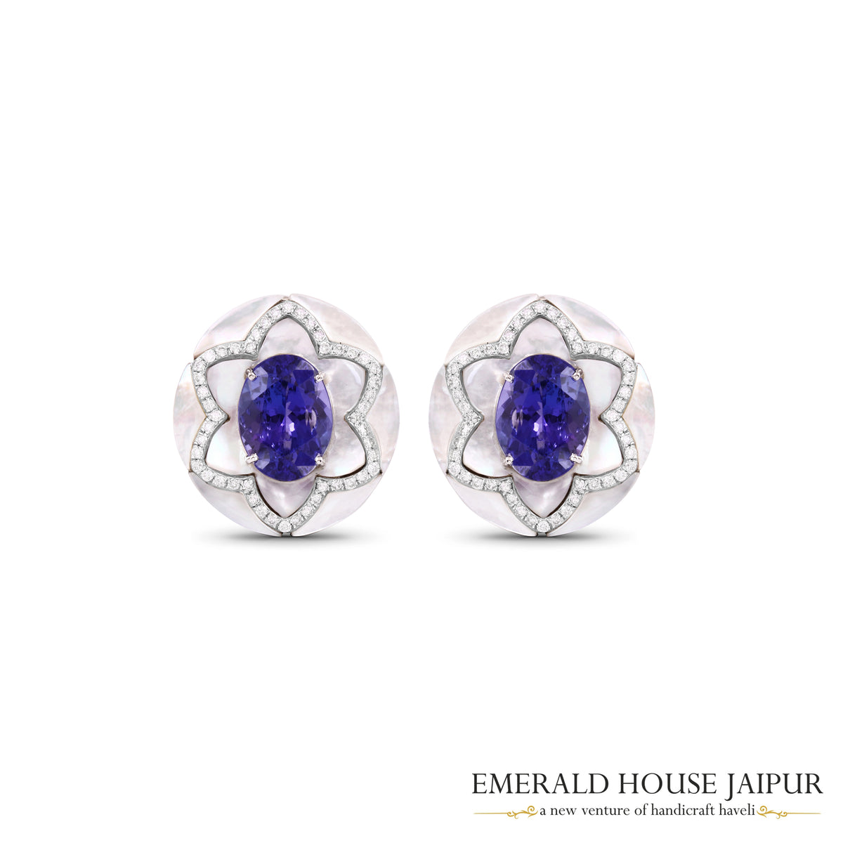 Oval-Cut Tanzanite & Mother-of-Pearl Floral Stud Earrings with Round Brilliant-Cut Diamonds in 18K White Gold