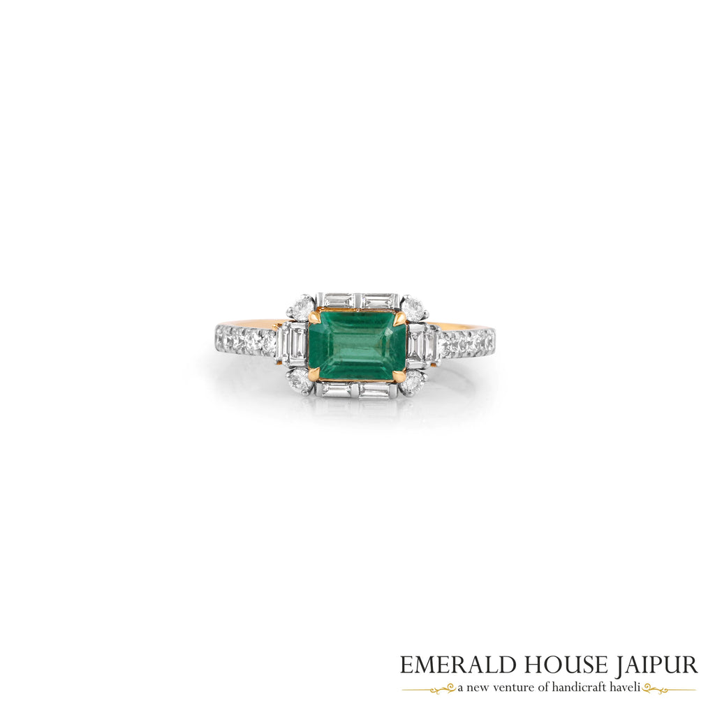 Emerald-Cut Emerald & Baguette-Cut and Round Brilliant-Cut Diamond Halo Ring in 18K White & Yellow Gold