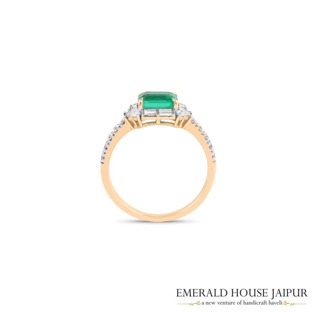 Emerald-Cut Emerald & Baguette-Cut and Round Brilliant-Cut Diamond Halo Ring in 18K White & Yellow Gold