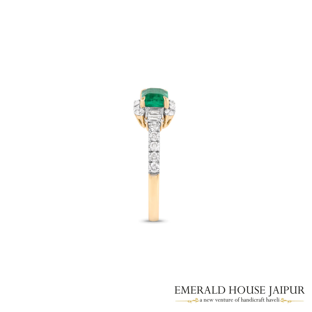Emerald-Cut Emerald & Baguette-Cut and Round Brilliant-Cut Diamond Halo Ring in 18K White & Yellow Gold