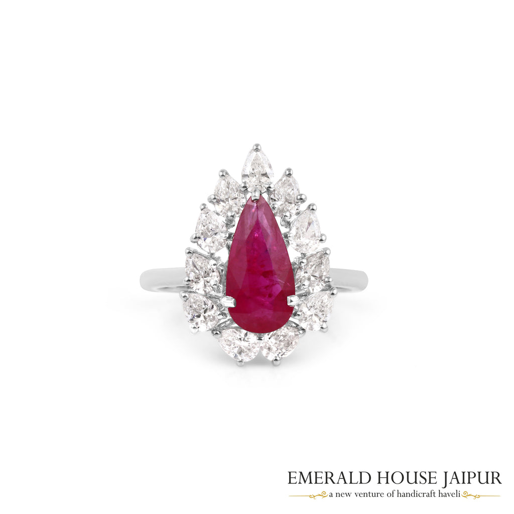 Pear-Cut Ruby & Pear-Cut Diamond Floral Halo Ring in 18K White Gold