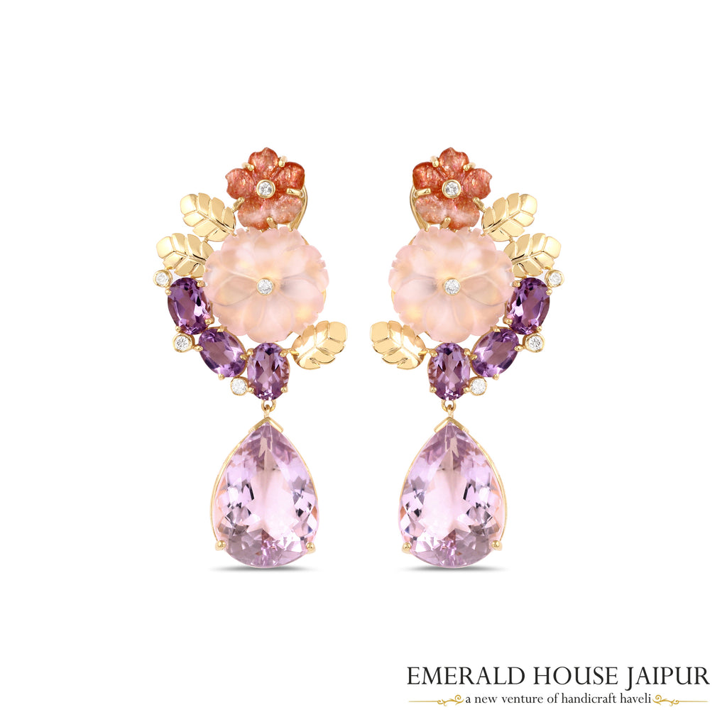 Floral Carnelian, Rose Quartz & Amethyst Drop Earrings, Accented with Diamonds, Set in 18K Yellow Gold