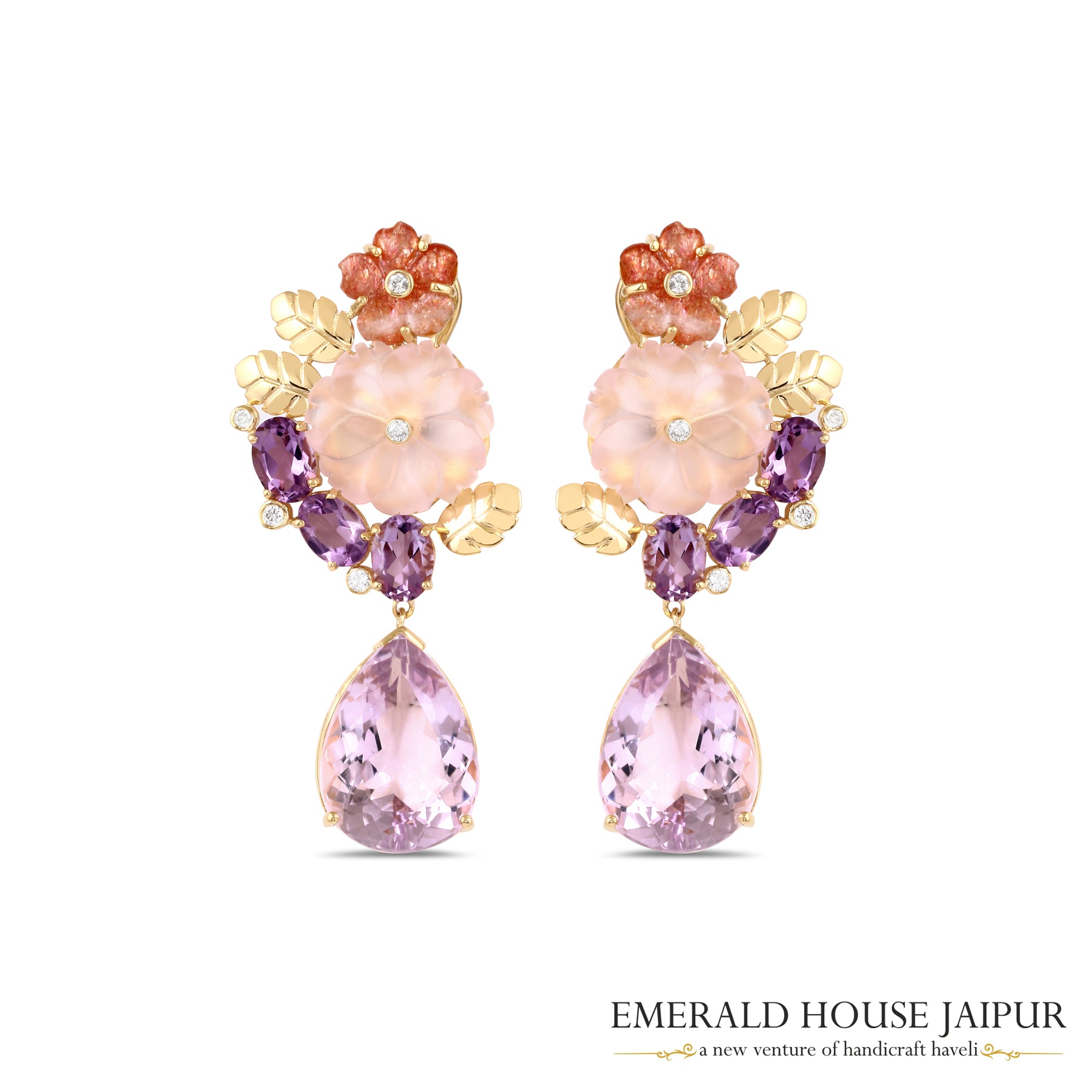 Floral Carnelian, Rose Quartz & Amethyst Drop Earrings, Accented with Diamonds, Set in 18K Yellow Gold